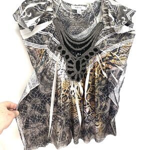Style & Co. Women's Sz S A-Line Blouse Gold embroidered Animal Print Sheer Tunic